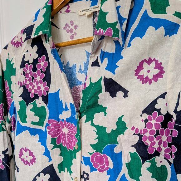 Christian Siriano New York Floral Tie-Front Blouse Linen Blend Medium #56 - Picture 3 of 5
